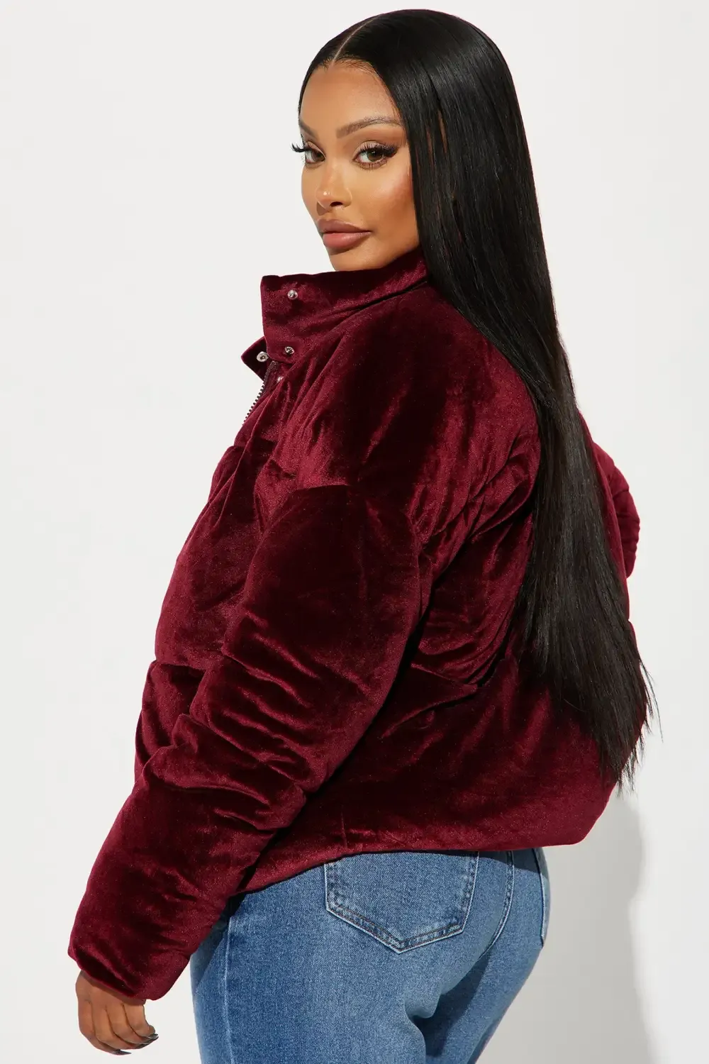 Cici Velvet Puffer Jacket - Burgundy