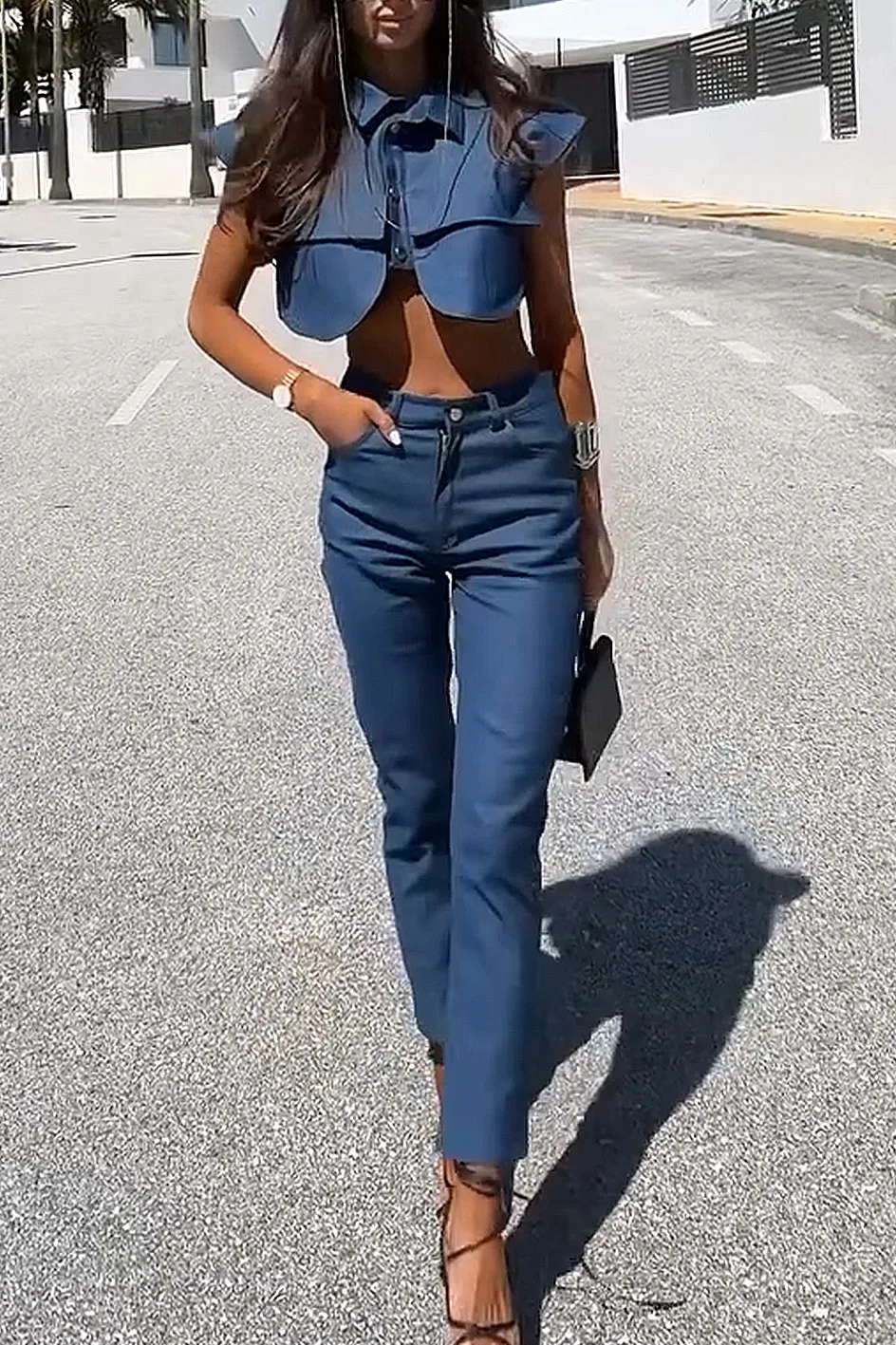 Women'S Casual Flying Sleeve Short Top And Slim Pants Two-Piece Set