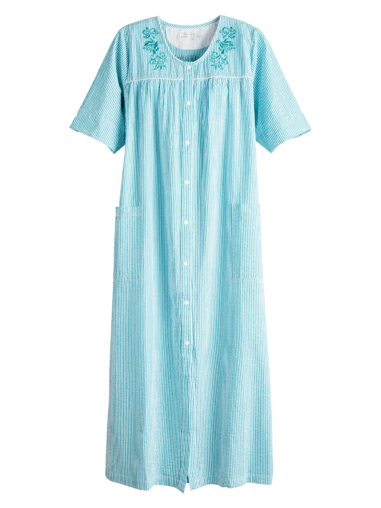 Women's Snap-Front Embroidered Cotton Seersucker Robe