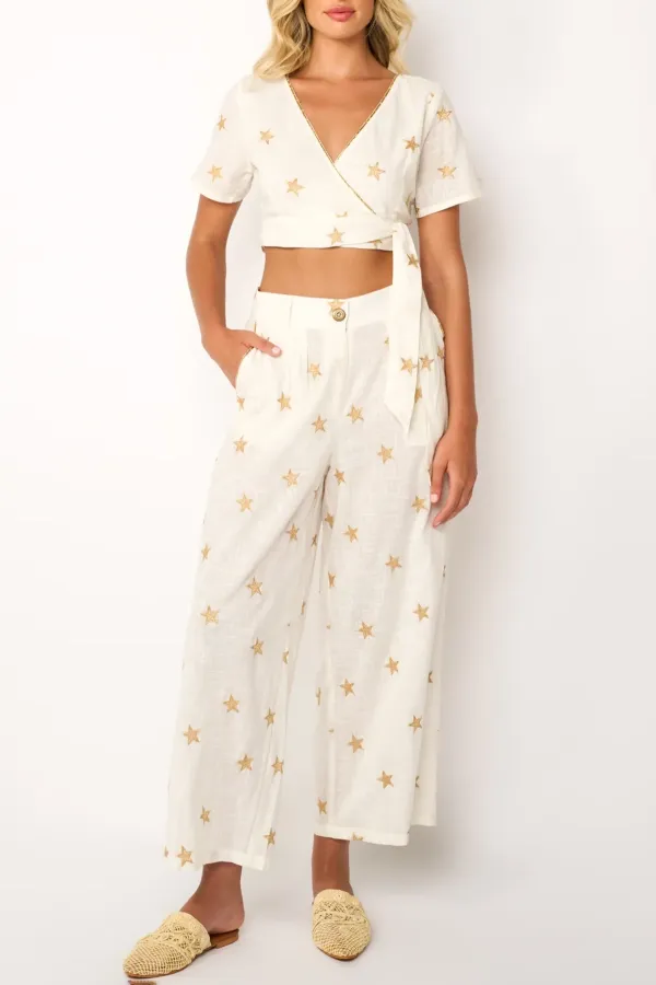 White Star Embroidered Wide Leg Pants