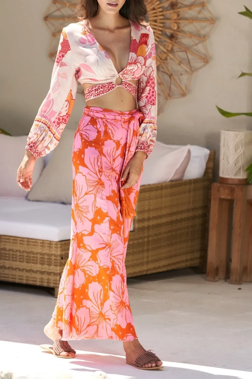 Pink And Orange Floral Print Wide Leg Pants