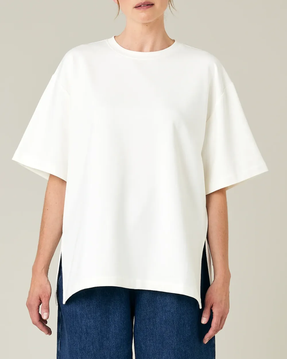 OFF WHITE COTTON JERSEY SHORT DROP SLEEVE TOP
