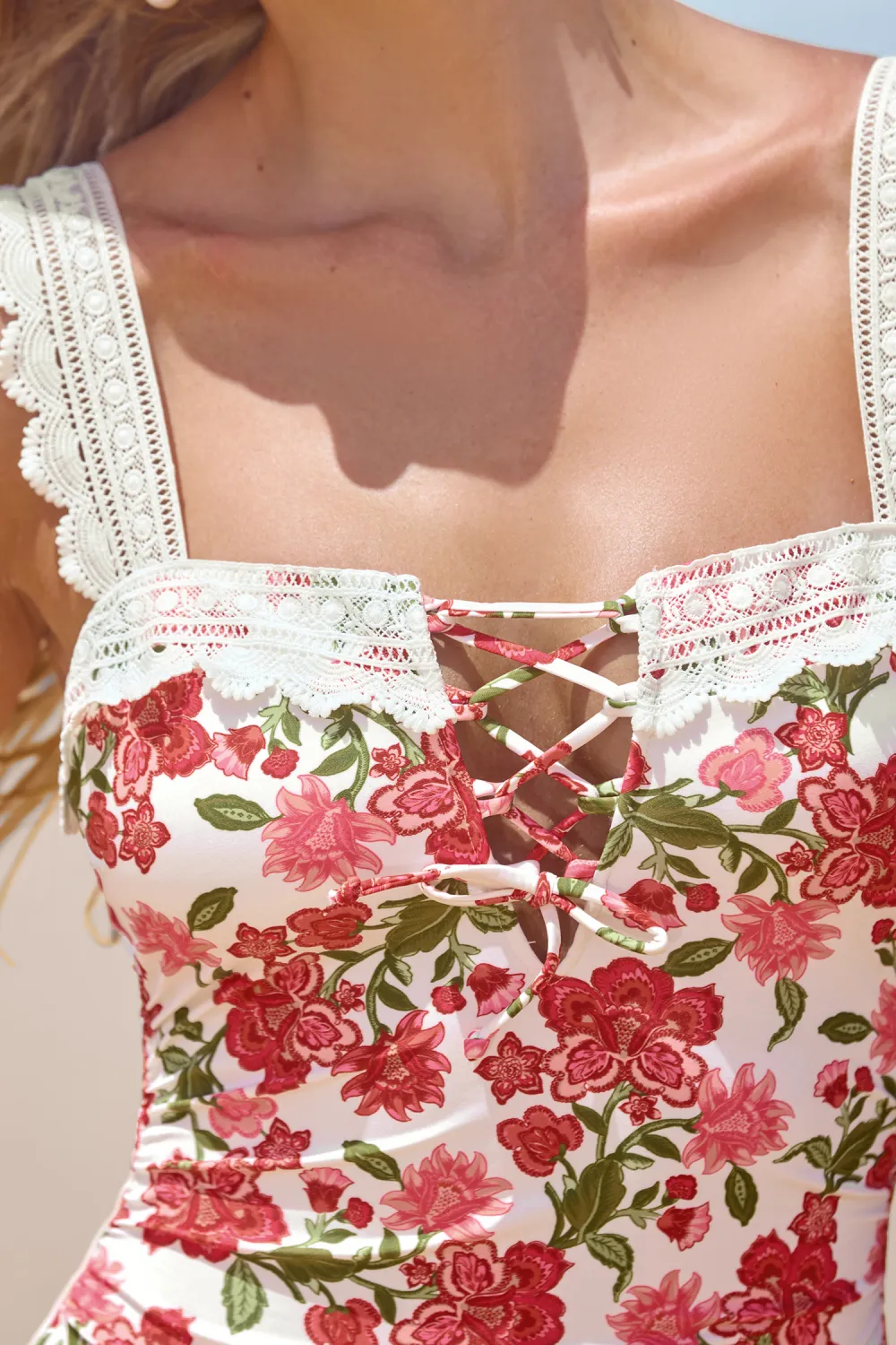 Rosebud Square Neck Lace-Up One-Piece