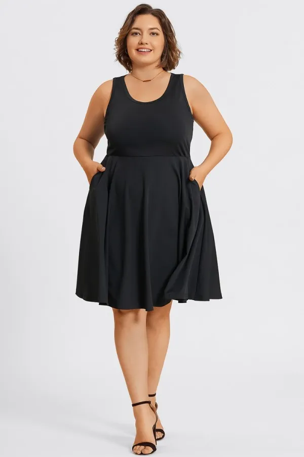 Square Neck Sleeveless Front Pocket Skater Midi Dress