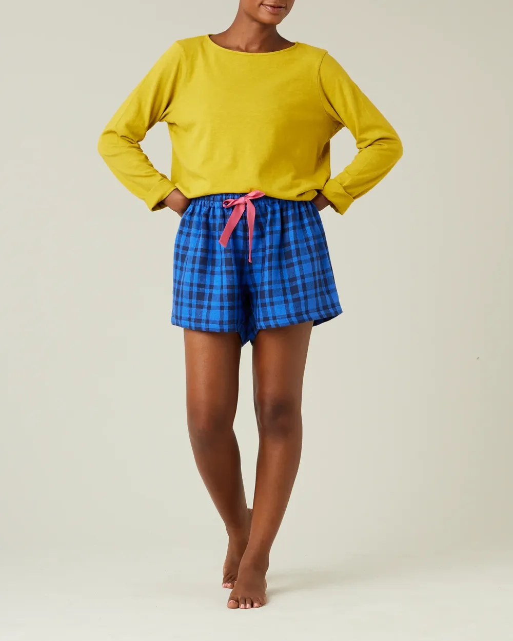 BED SHORTS INDIGO CHECK LINEN