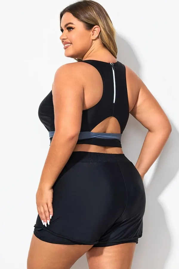 Plus Size Round Neck Black Patchwork Bikini Top