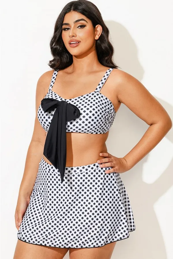 Black & White Check Knotted Crop Bikini Top