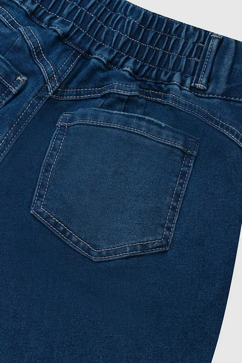 Wash Button Up Elastic High Waist Denim Bermuda Shorts