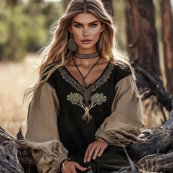 Retro Tree Of Life Viking Tribal Print Cotton And Linen V-neck Loose Shirt