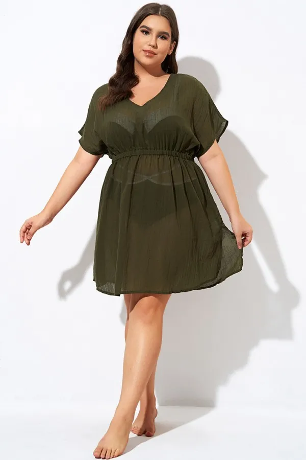 Dark Green V Neck Elastic Waisted Cover Up