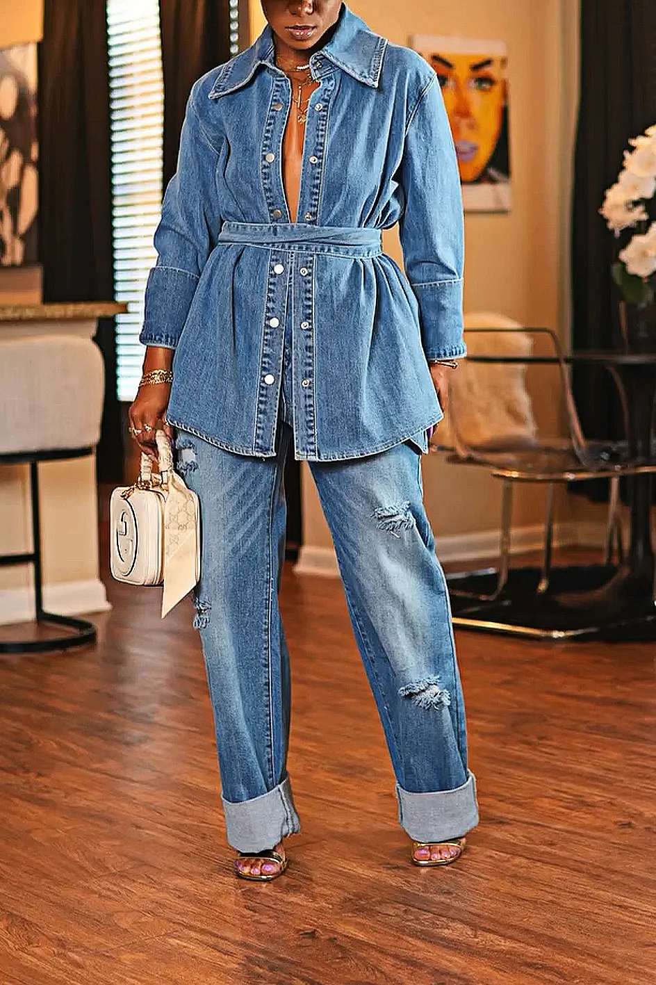 Women'S Fashion Denim Irregular Top And Pants Two-Piece Set