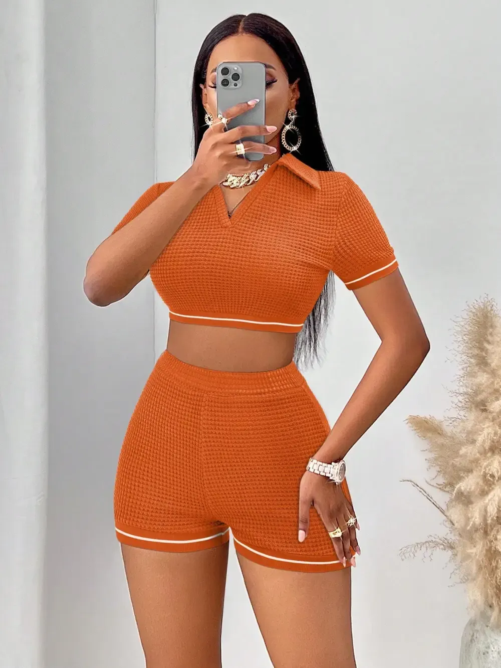 Waffle Knit Crop Tee & Biker Shorts