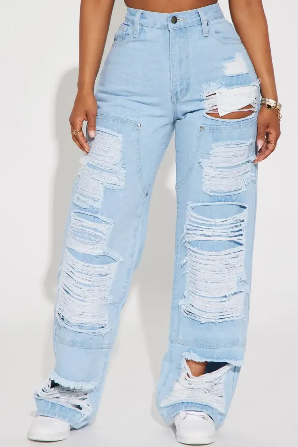Way With Words Ripped Non Stretch Baggy Jeans - Light Wash