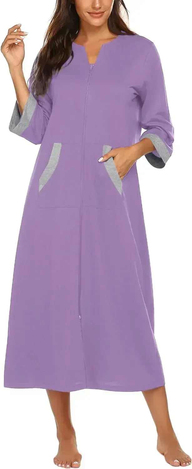Women Zipper Robe 3/4 Sleeves Loungewear Dress Full Length Sleepwear Pockets Housecoat Nightgown Long Bathrobe