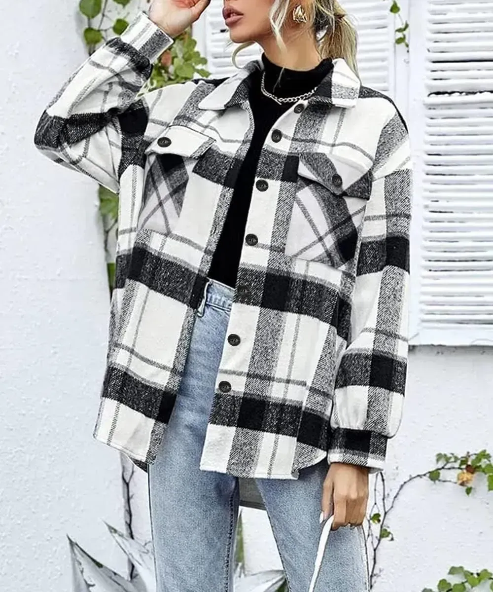 Womens Casual Plaid Shacket Button Down Long Sleeve Shirt