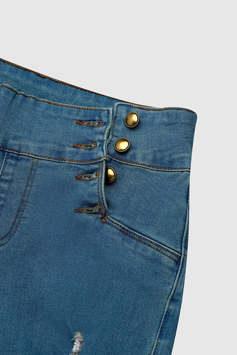 Ripped Double Breasted Button Fly High Rise Bootcut Jeans