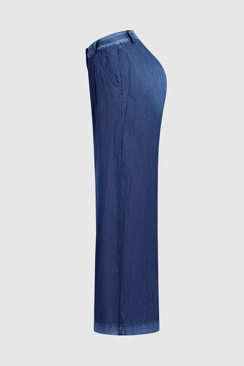 Wash Pleated Detail Wide Leg Mid Rise Jeans