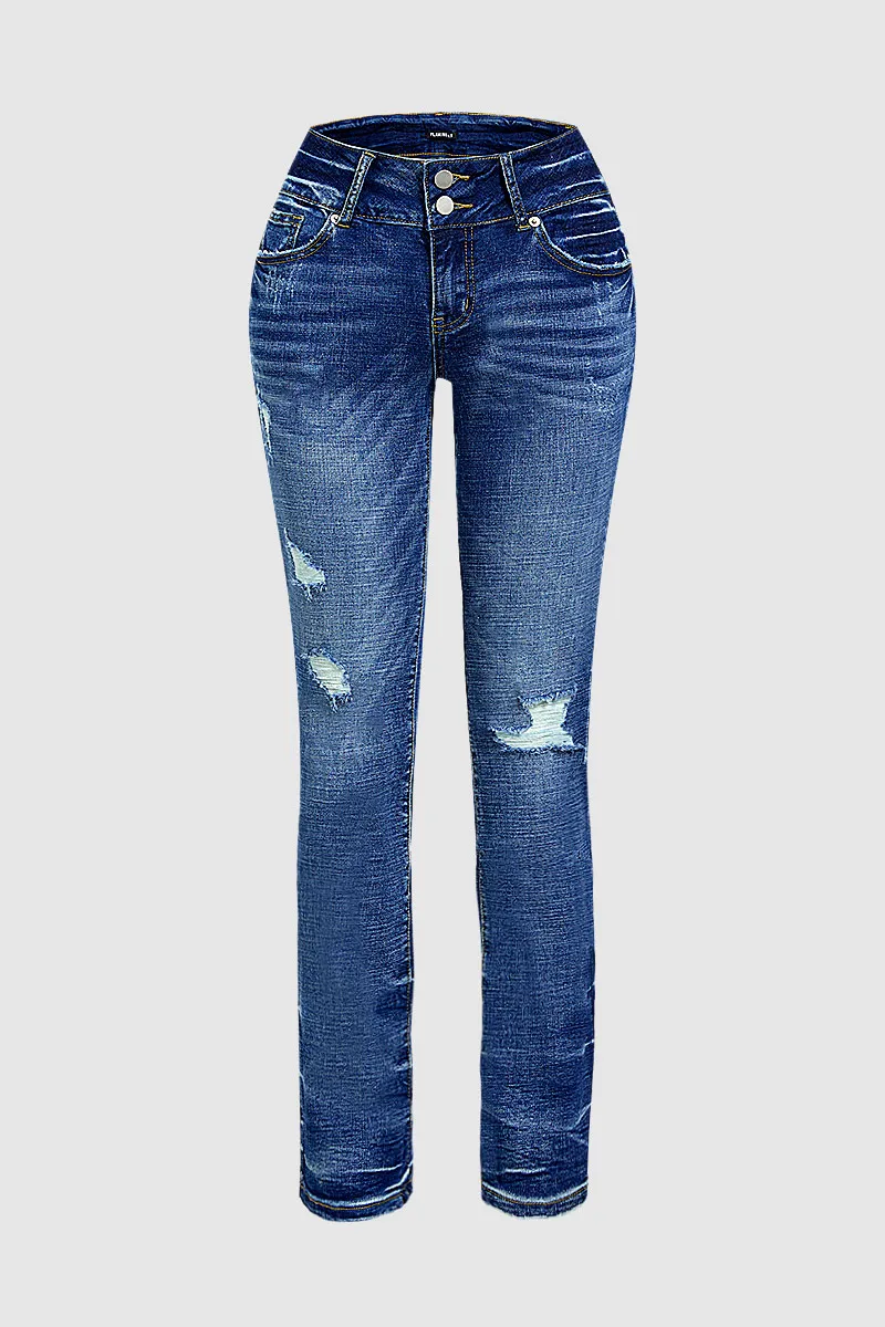 Ripped Double Button Mid Waist Skinny Jeans