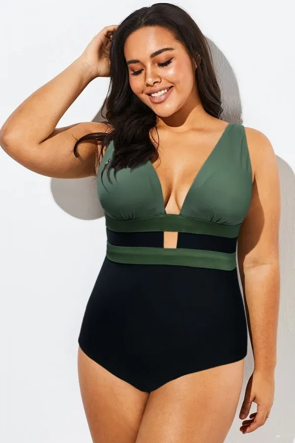 Green Colorblock Cut Out One Piece Swimsuit