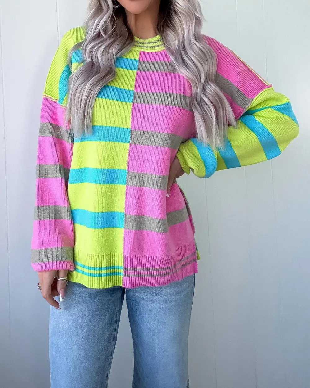 Colorblock Striped Sweater - Lime