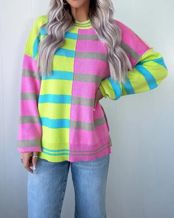 Colorblock Striped Sweater - Lime