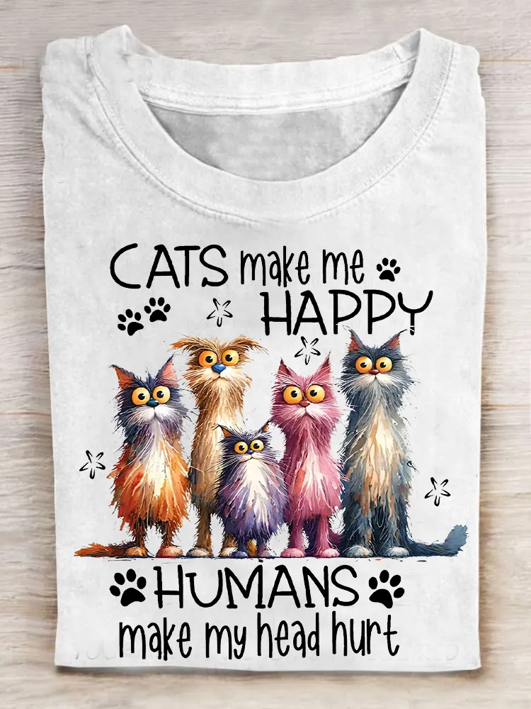 Cats Make Me Happy Printed Crew Neck Women's T-shirt