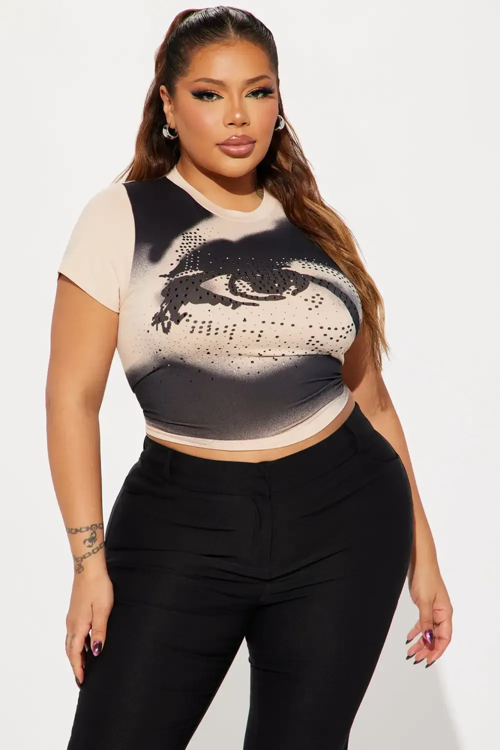Eyes On You Rhinestone Short Sleeve Top - Taupe/combo