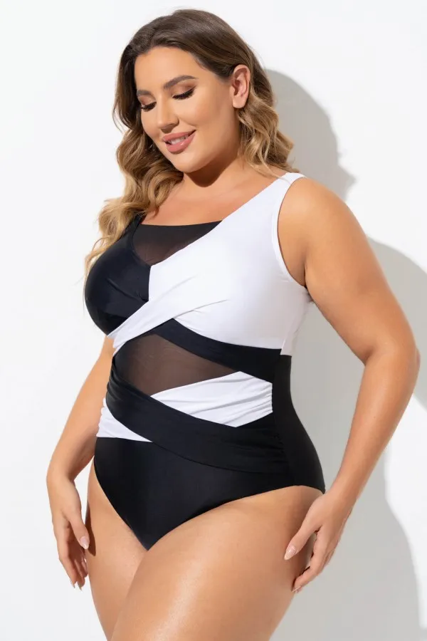 Black & White Sexy Cut Out Mesh One Piece Swimsuit