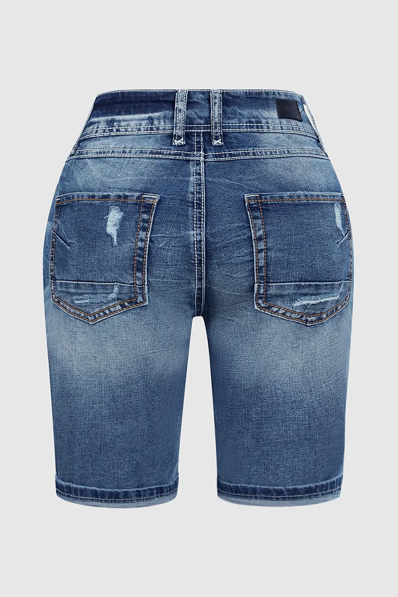 Double Button Ripped Roll Hem Mid Rise Denim Bermuda Shorts