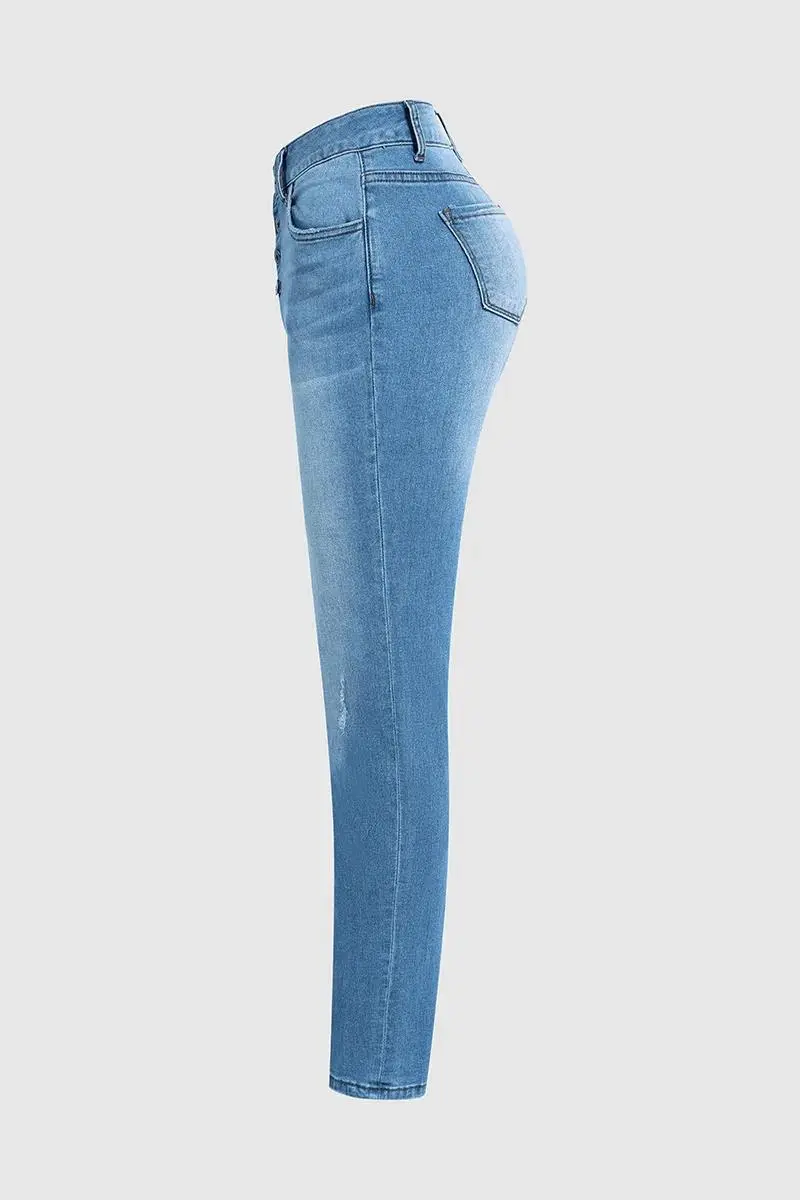 Wash Cut Out Button Fly Mid Waist Skinny Jeans