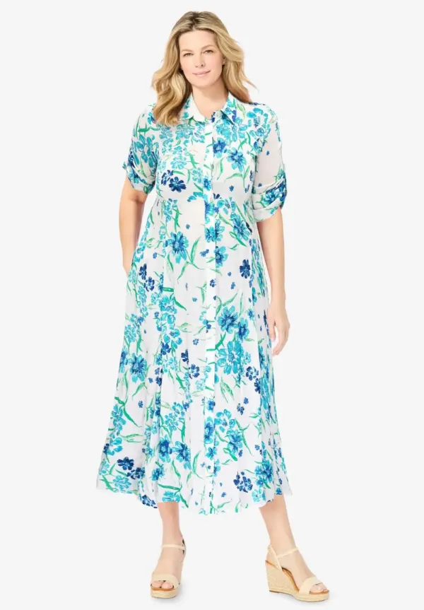 Roll-Tab Sleeve Crinkle Shirtdress