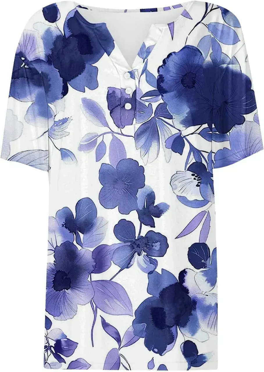 Shirts for Women Casual Printed Summer Tops Short-Sleeved Button V-Neck Tops Blouse Fashion Boho T-Shirts