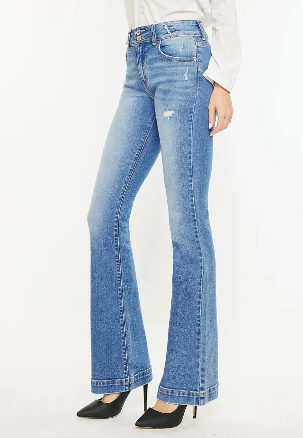 KanCan High Rise Double Button Wide Hem Flare Jean
