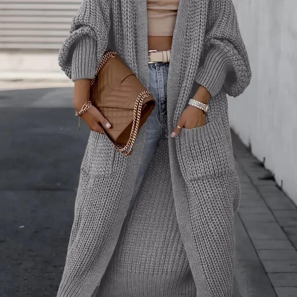 Solid Open Front Pocket Cardigan, Casual Long Sleeve Long Length Sweater For Fall & Winter, Women's Clothing