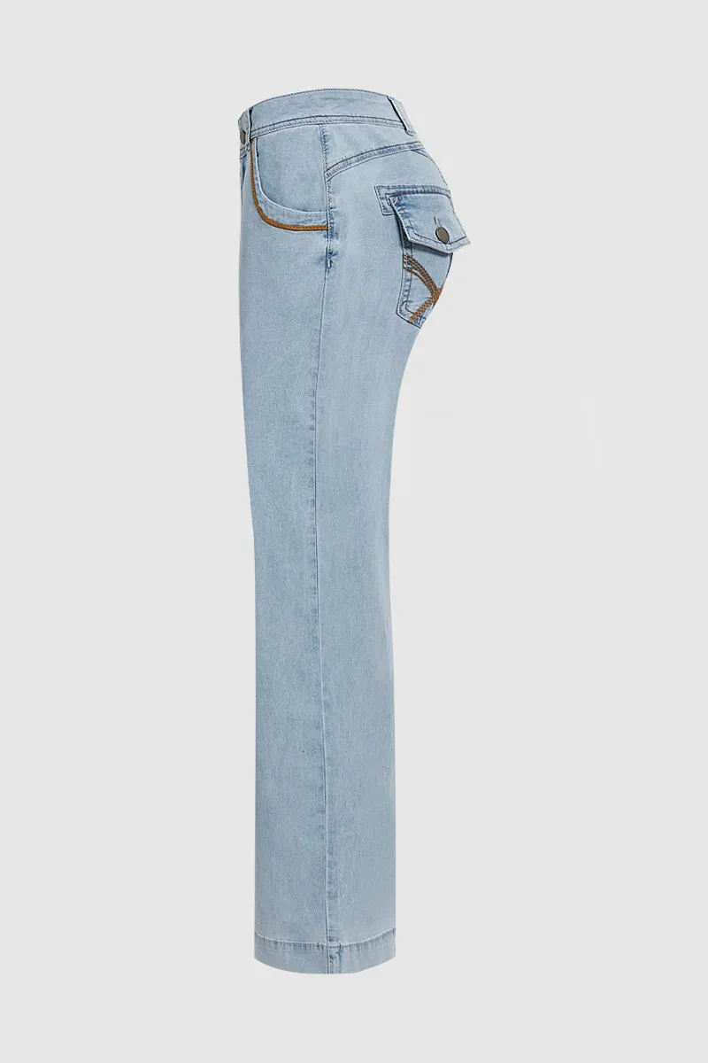 Stitch Detail Stretchy Low Waist Straight Leg Jeans