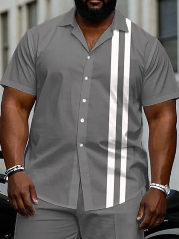 Big Men'S Business Simple Grey & White Colorblock Short Sleeve Shirt Trousers Set