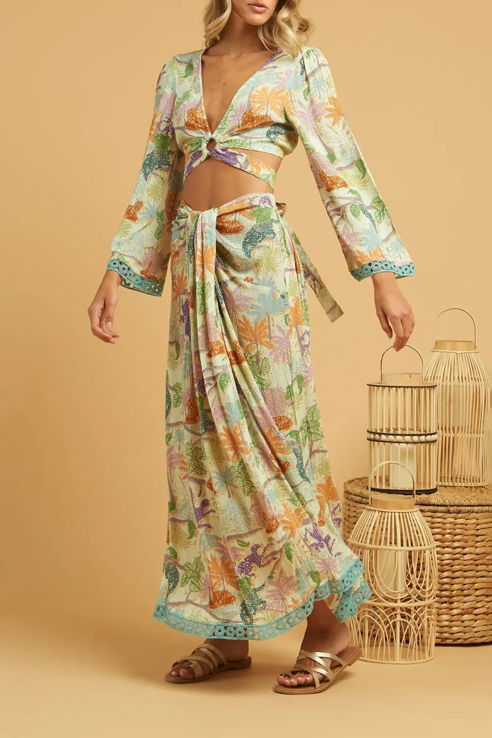 Multicolor Tropical Print Wrap Maxi Skirt