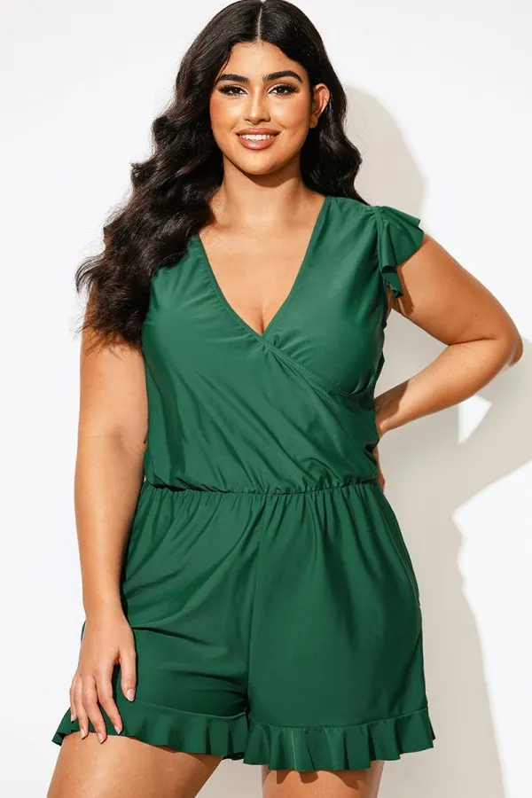 Plus Size Crossed V-neck Ruffle Shoulder One Piece Swimsuit
