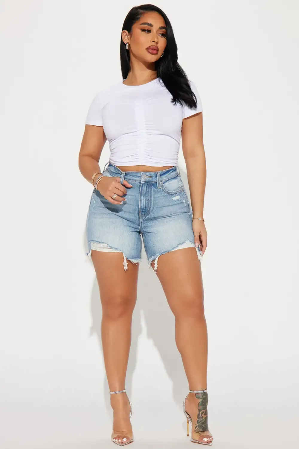 Hallie Hybrid Ripped Denim Shorts - Light Wash