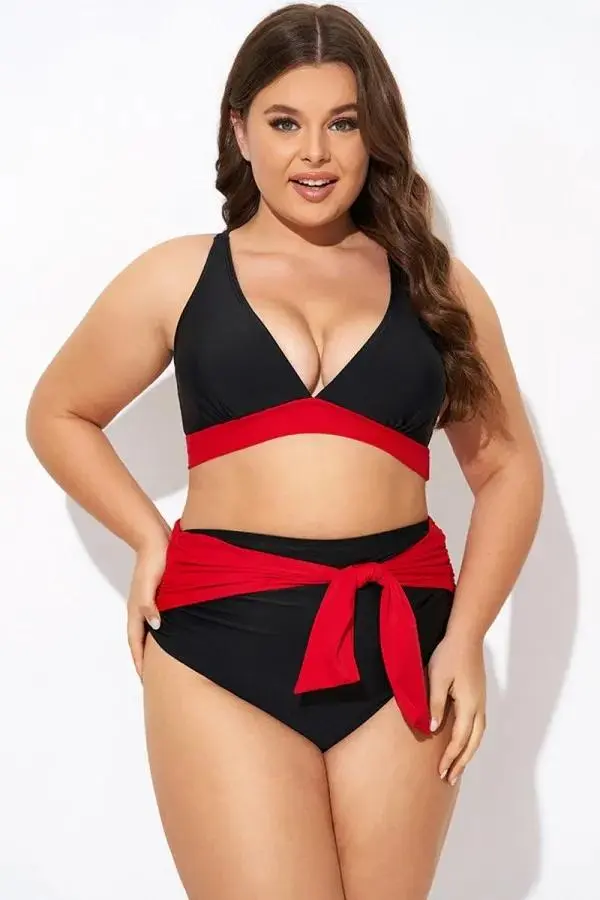 Black and Red V neck Bikini Top