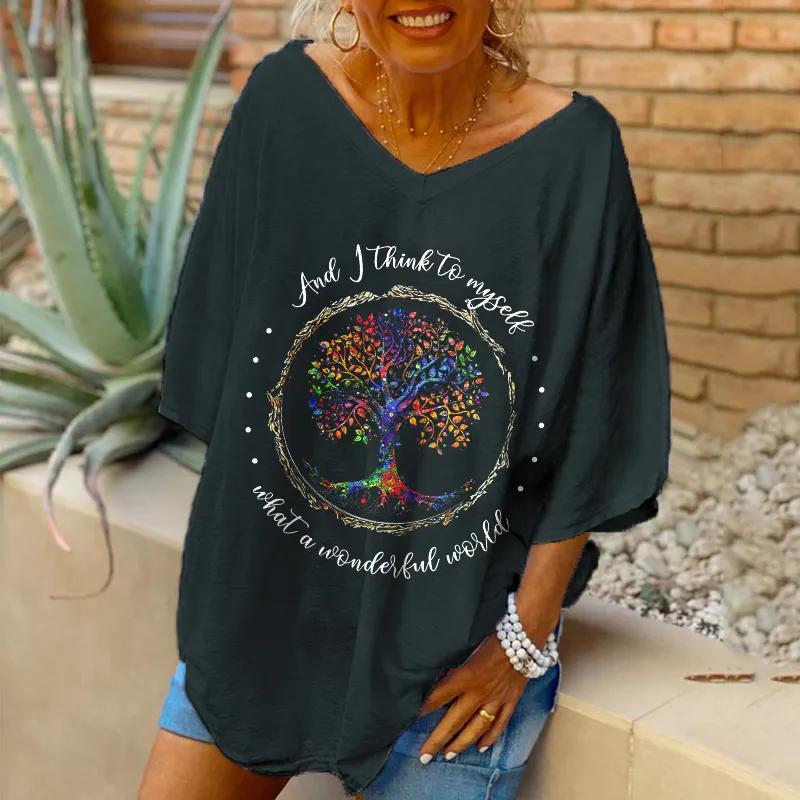 Oversized And I Think To Myself What A Wonderful World Printed Women Hippie T-shirt