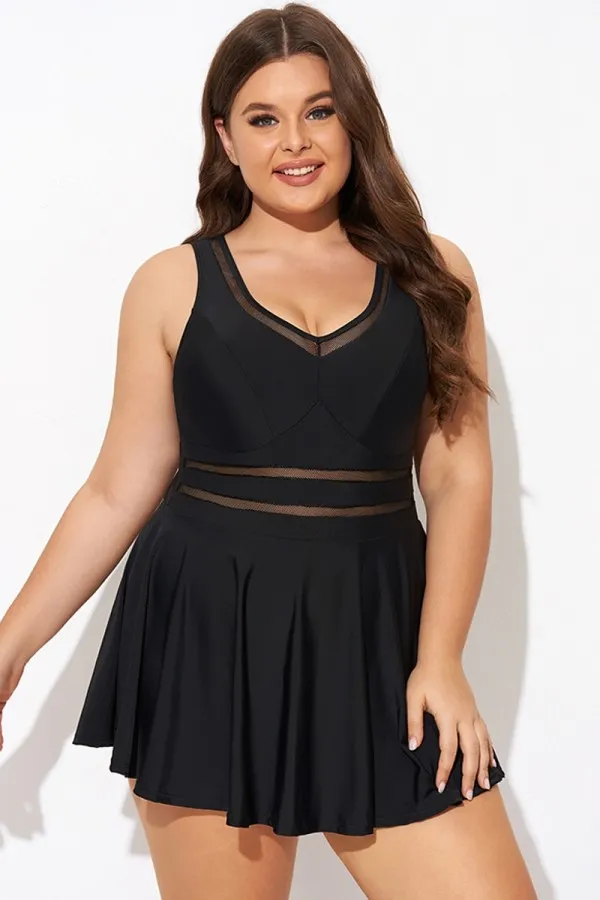 Black V-neck Wide Strap Crochet Detail Swimdress