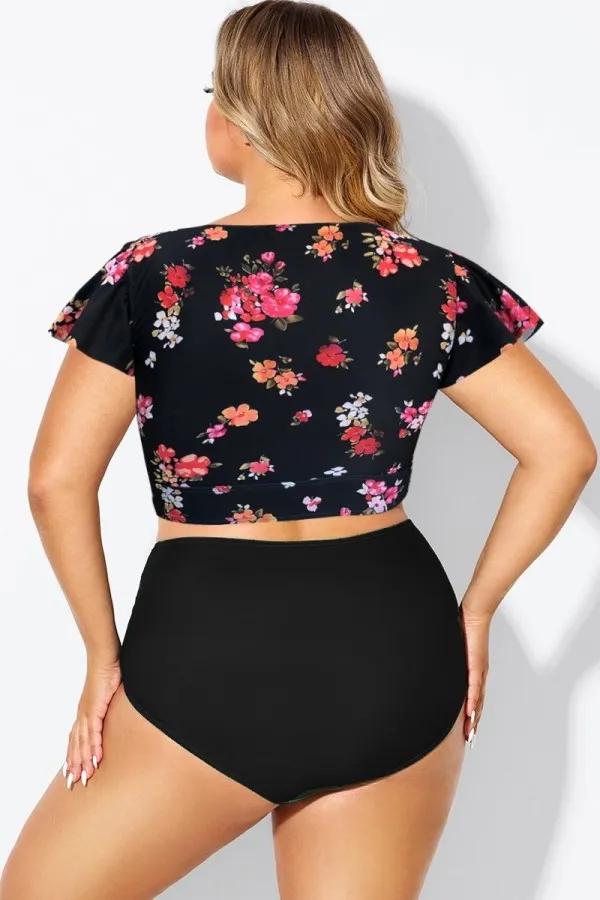 Black Floral Print Retro Women Bikini Top