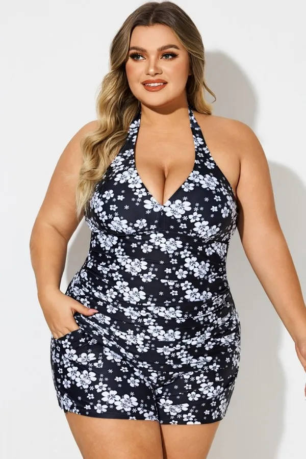 Floral Print Self-Tie Halter Shirred Tankini Top