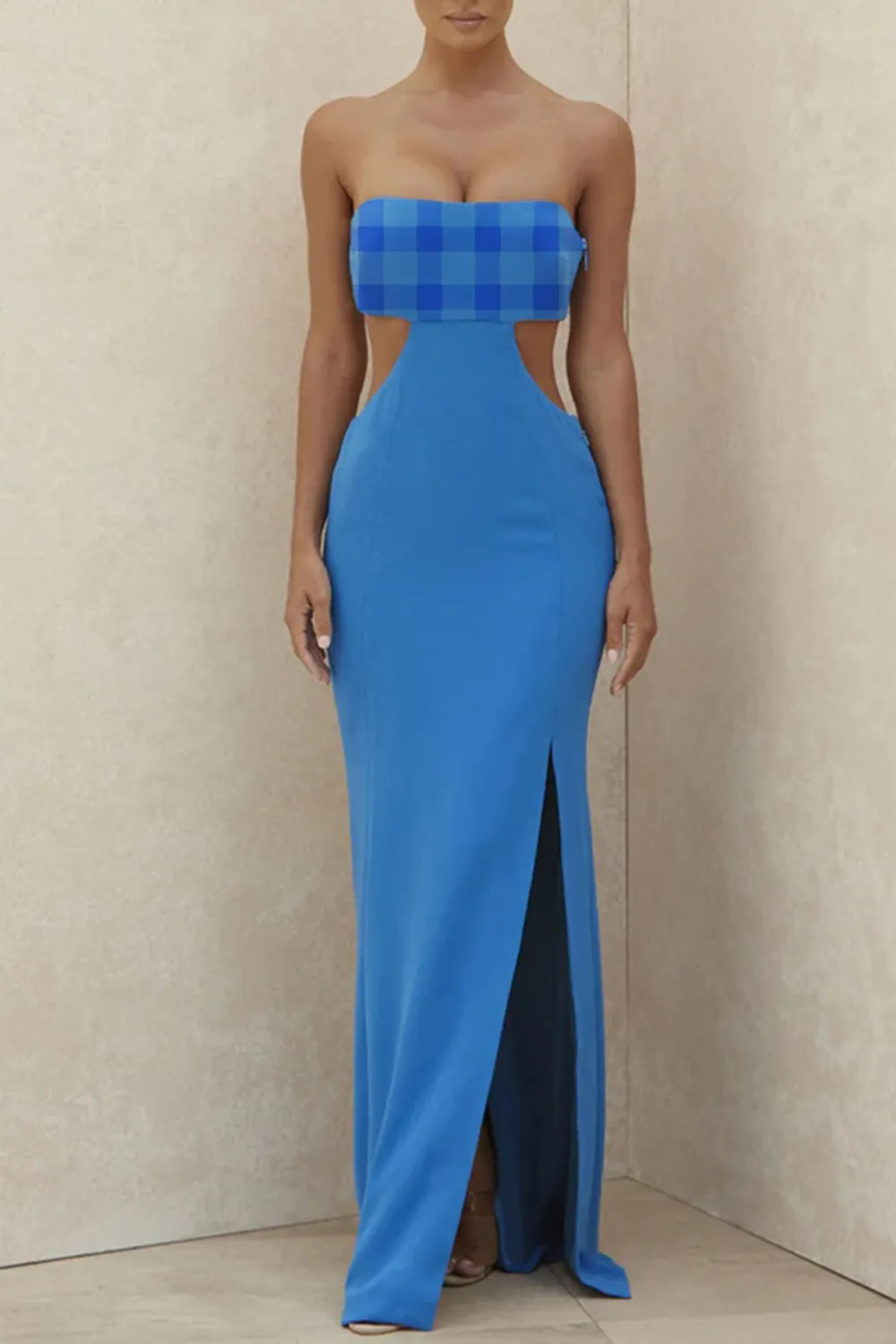 Charming Strapless Cut Out High Slit Maxi Prom Formal Dress - Blue