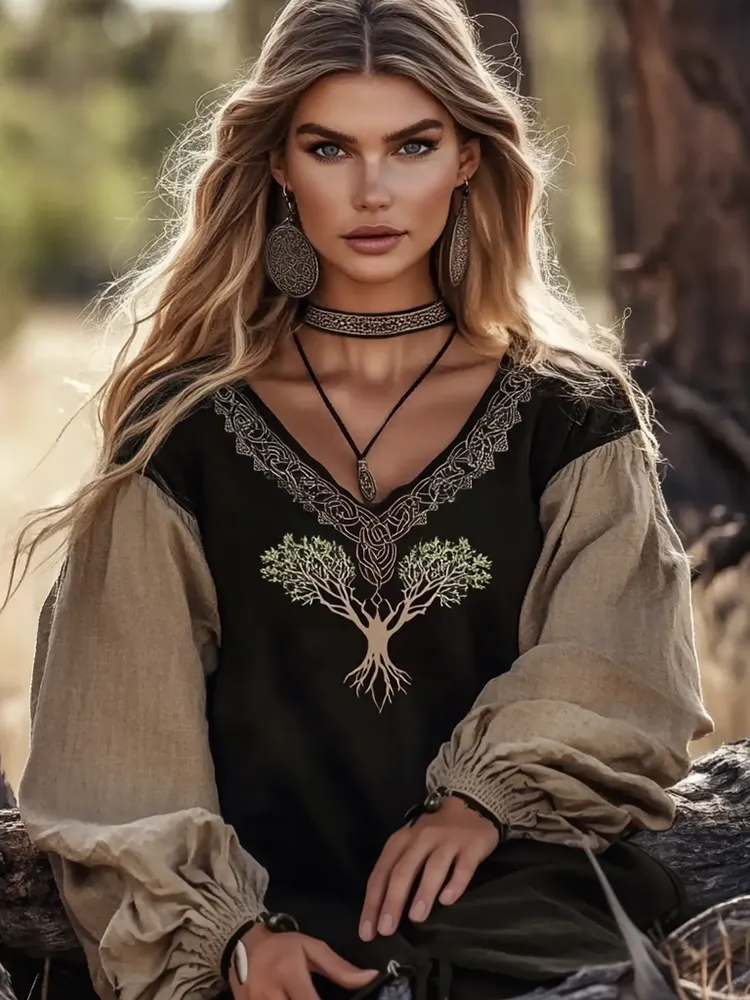 Retro Tree Of Life Viking Tribal Print Cotton And Linen V-neck Loose Shirt
