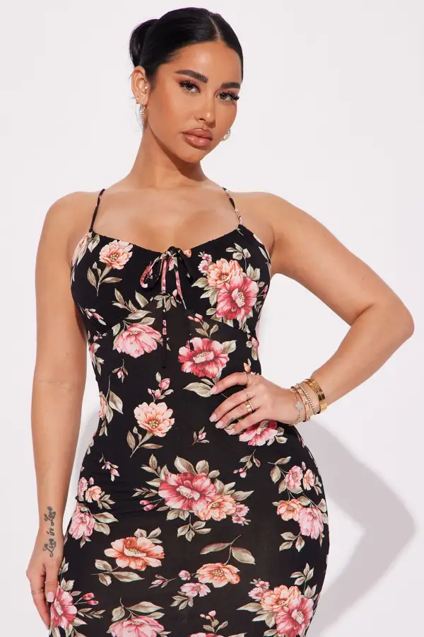 Floral Lace Up Midi Dress - Black
