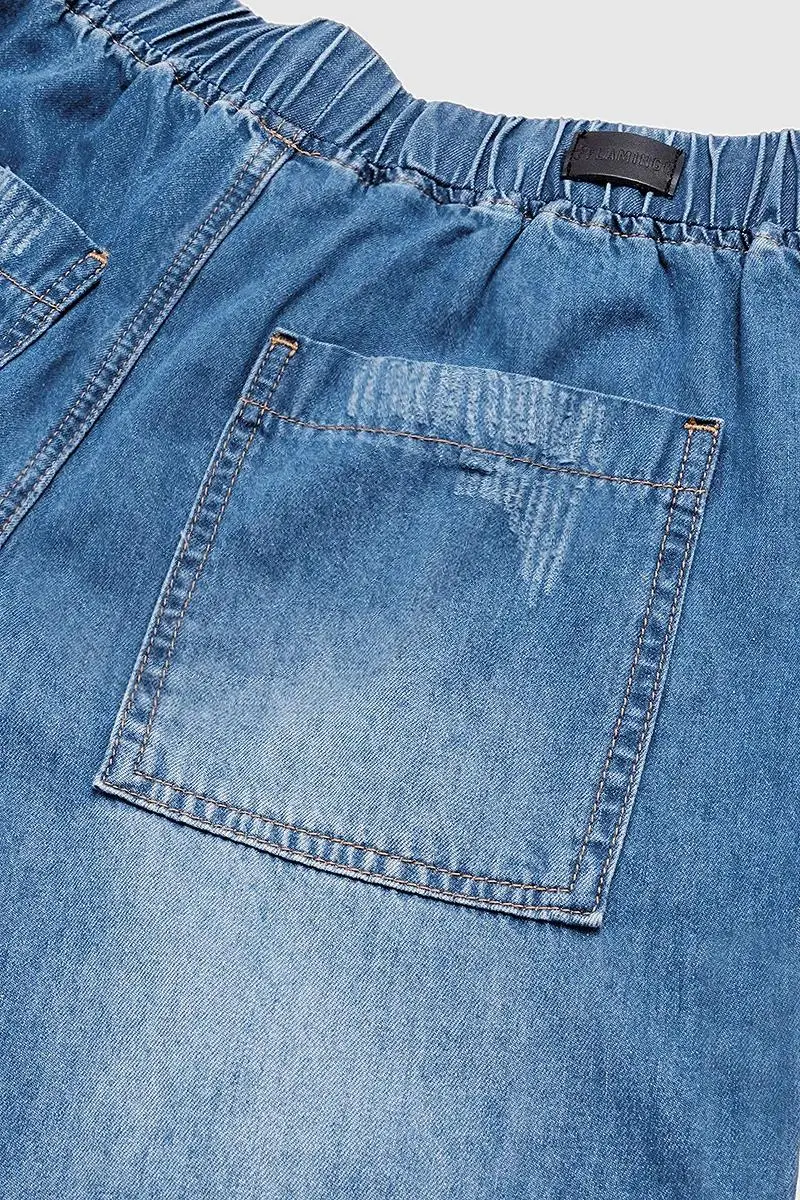 Cut Out Slant Pocket Drawstring Mid Rise Straight Leg Cropped Jeans