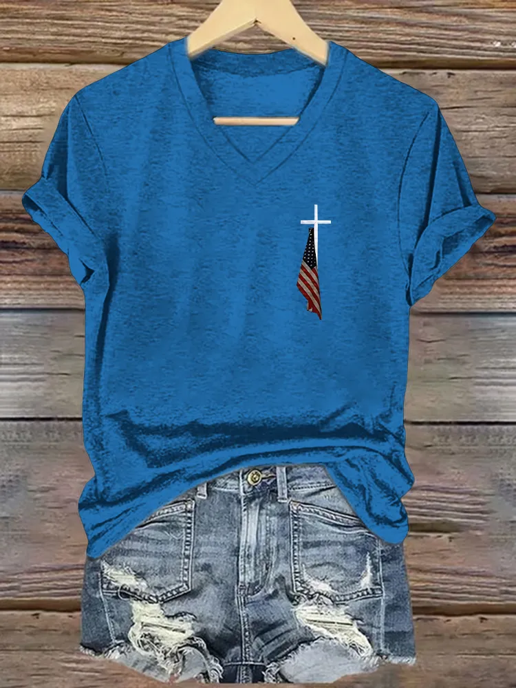 Women's  Faith And Flag Print Short Sleeve Round Neck Cotton T-Shirt