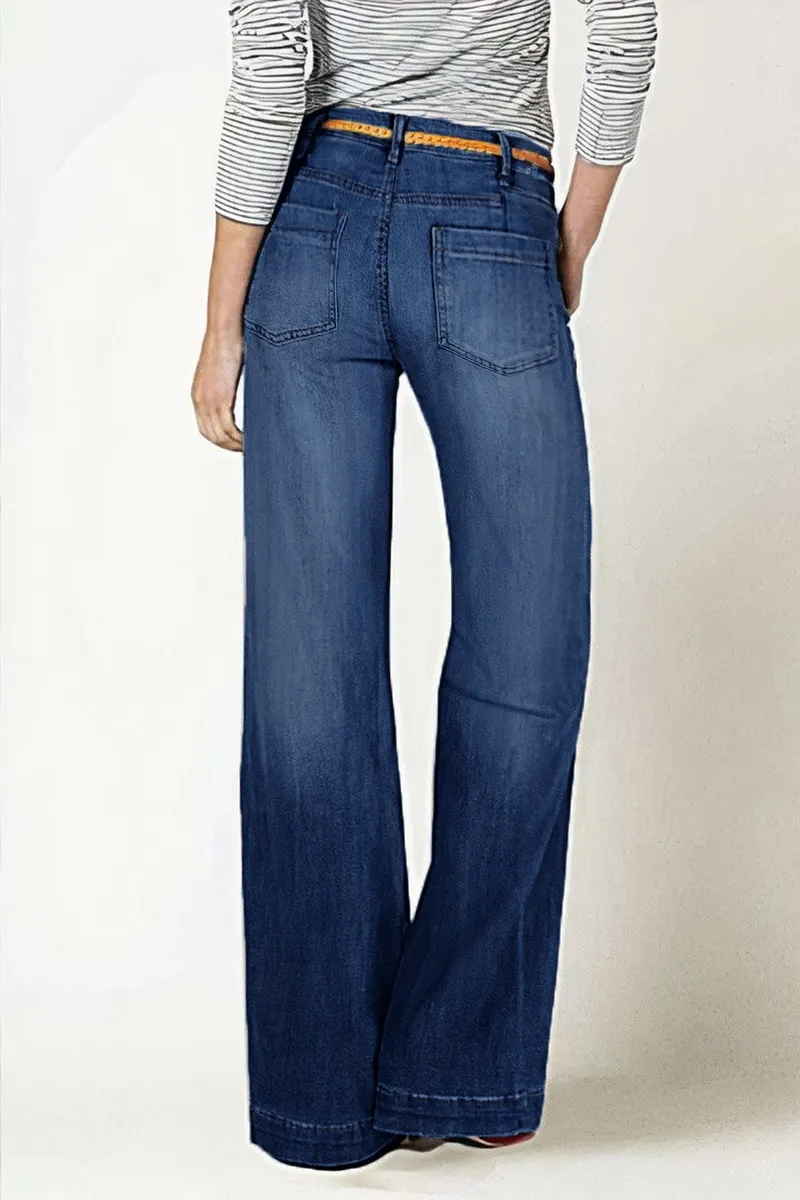 Washed Pocket Detail Low Rise Flare Jeans Without Belt